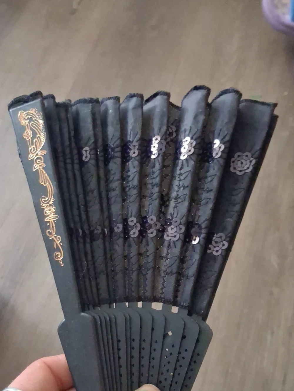 Elegant Black Hand Fan with Gold Lace Accent
